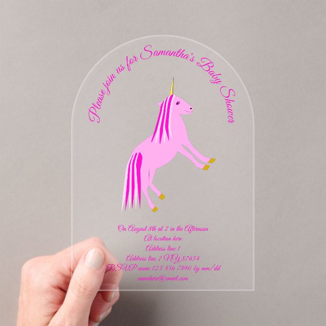 Pretty Pink Baby Girl Unicorn Custom Baby Shower Acrylic Invitations (Insitu (Handheld))