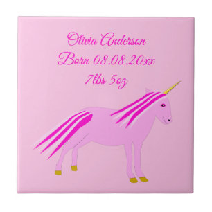 Pretty Pink Baby Girl Unicorn Custom Birth Ceramic Tile