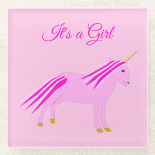 Pretty Pink Baby Girl Unicorn Custom Gender Reveal Glass Coaster