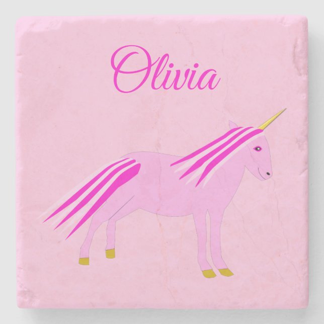 Pretty Pink Baby Girl Unicorn Custom  Name Stone Coaster (Front)