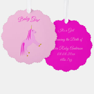 Pretty Pink Baby Girl Unicorn Custom Tree Decoration Card