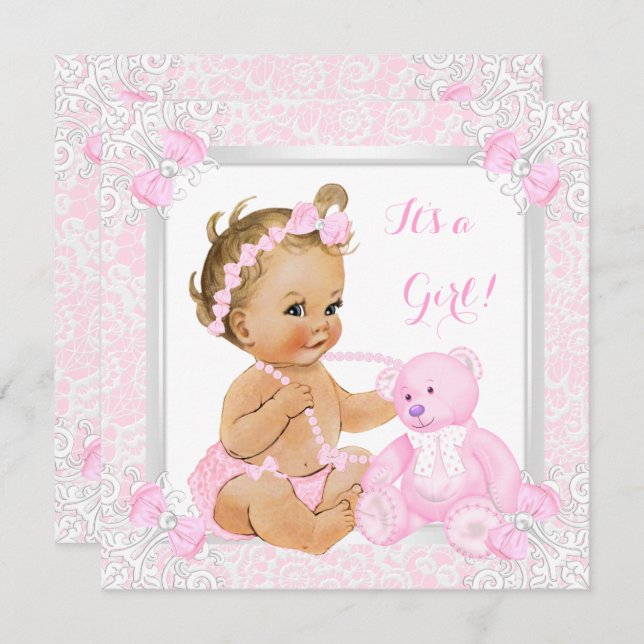 Pretty Pink Baby Shower Girl Lace Bear Blonde Baby Invitation (Front/Back)