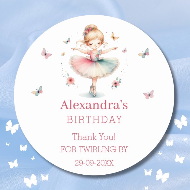 Pretty Pink Ballerina Girl Birthday Thank You   Classic Round Sticker (Creator Uploaded)