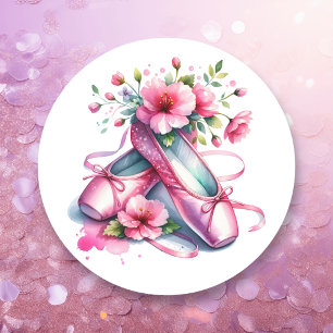 Pretty Pink Ballet Shoes and Flowers  Classic Round Sticker