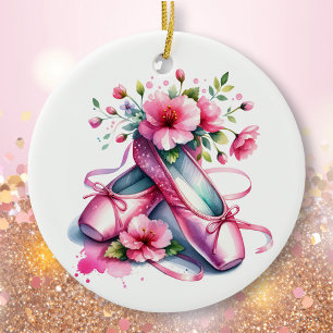 Pretty Pink Ballet Shoes and Flowers Personalised  Ceramic Ornament