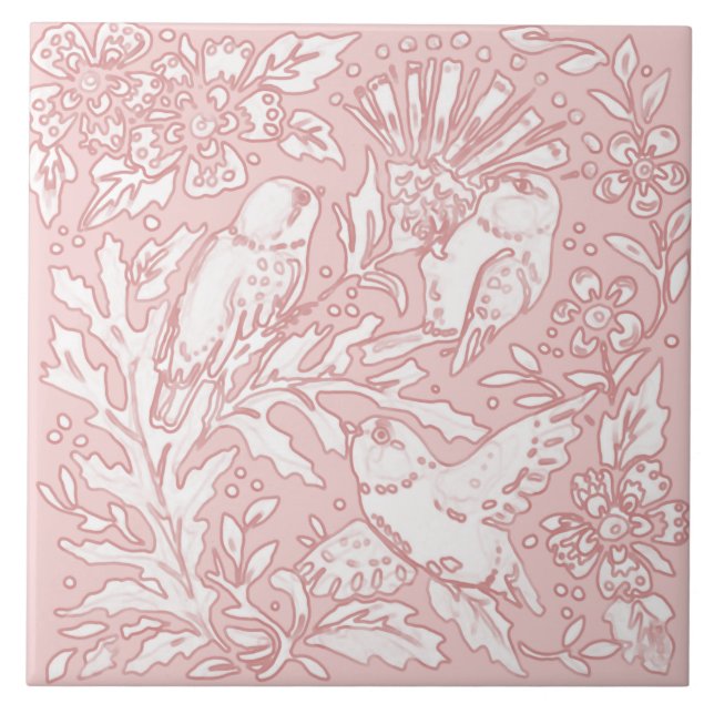 Pretty Pink Bird Floral Nature Animal Ceramic Tile (Front)