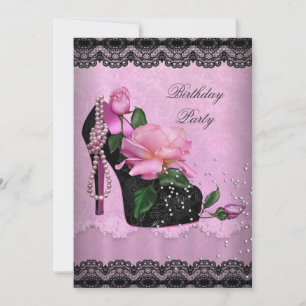 Pretty Pink Birthday Party Rose Hi Heel Black Lace Invitation