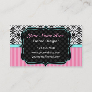 Pretty Pink, Black and White Damask Business Card