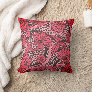 Pretty Pink Black Floral Leopard Print Pattern Cushion
