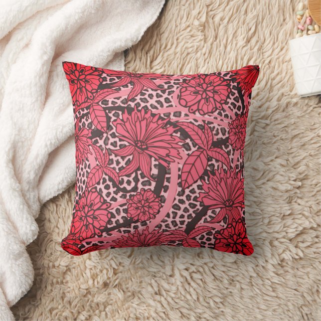 Pretty Pink Black Floral Leopard Print Pattern Cushion (Blanket)