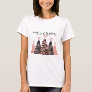 Pretty Pink Black Merry Christmas Trees Holiday T-Shirt