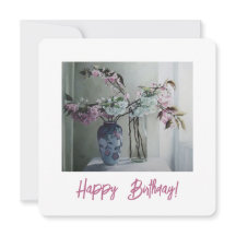Pretty pink blossom floral art happy birthday card