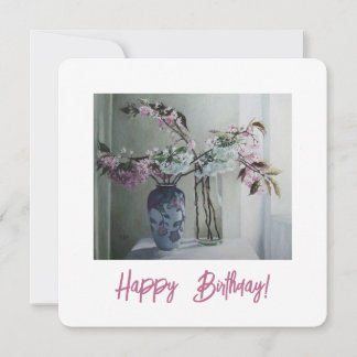 Pretty pink blossom floral art happy birthday card