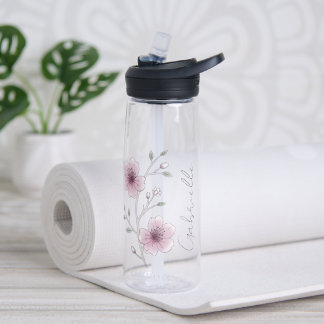 Pretty Pink Blossom Floral Name Yoga Water Bottle