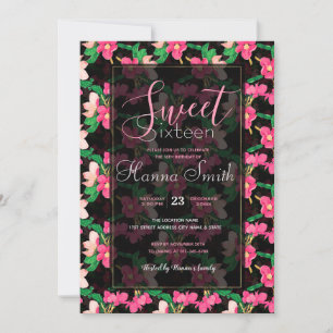 Pretty Pink Blossom Flowers Paint Black Design  Invitation