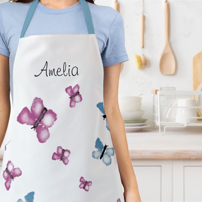 Pretty Pink Blue Butterfly All-Over Print Apron (Whip another masterpiece in this pretty personalised apron.)
