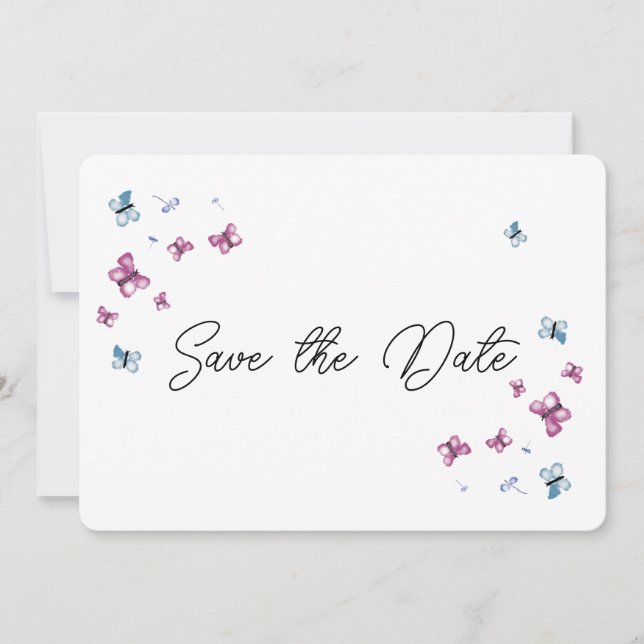 Pretty Pink Blue Butterfly Save the date Card (Front)