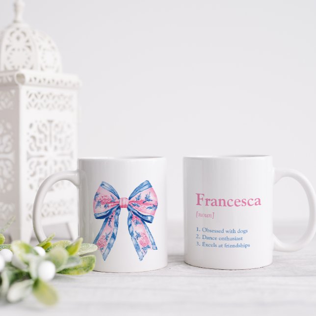Pretty Pink & Blue Chinoiserie Bow Friend Coffee Mug (Pretty bow mug for the female in your life.  Add their name on the reverse with three positive notes)