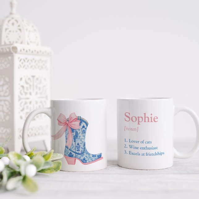 Pretty Pink & Blue Chinoiserie Western Boot Friend Coffee Mug (The perfect gift for a female friend combining their name and best characteristics with cute design)