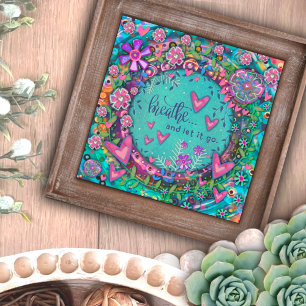 Pretty Pink Blue Floral Heart Breathe Quote Photo Print