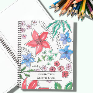 Pretty Pink Blue Floral Sketch Back to School Notebook