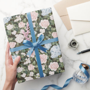 Pretty Pink Blue Flowers Bridal Shower Wrapping Paper
