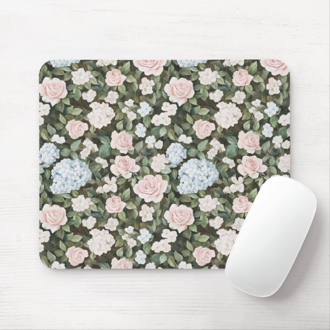 Pretty Pink Blue Flowers Mouse Pad (With Mouse)