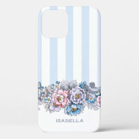 Pretty Pink & Blue Flowers & Stripes w/Name