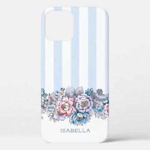 Pretty Pink & Blue Flowers & Stripes w/Name iPhone 12 Case