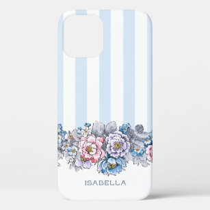 Pretty Pink & Blue Flowers & Stripes w/Name iPhone 12 Case