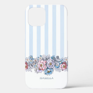 Pretty Pink & Blue Flowers & Stripes w/Name iPhone 12 Case