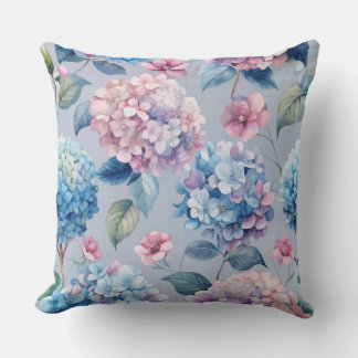 PRETTY PINK & BLUE HYDRANGEA FLORAL BLOOMS CUSHION