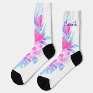 Pretty Pink Blue Purple Floral Tropical Socks