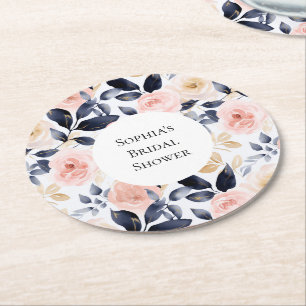 Pretty Pink Blue White Flowers Bridal Shower Round Paper Coaster