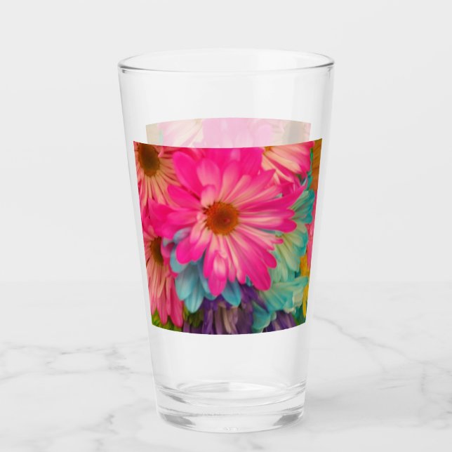 Pretty Pink Blue & Yellow Daisies Glass (Front)