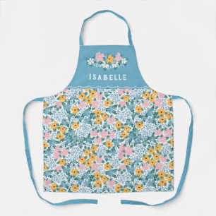 Pretty Pink Blue Yellow Floral Pattern Apron