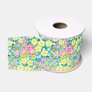 Pretty Pink, Blue, Yellow Primroses 3-inch Ribbon Grosgrain Ribbon