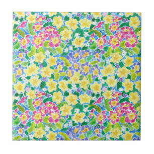 Pretty Pink, Blue, Yellow Primroses Ceramic Tile