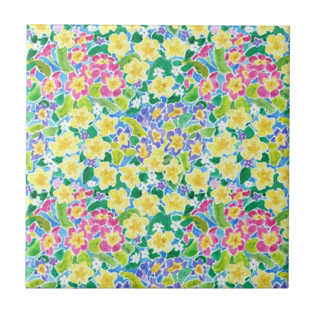 Pretty Pink, Blue, Yellow Primroses Ceramic Tile (Front)