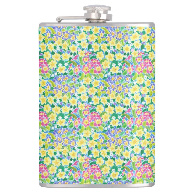Pretty Pink, Blue, Yellow Primroses Hip Flask (Front)