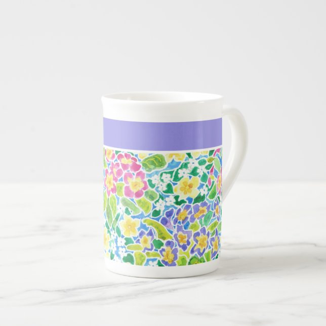 Pretty Pink, Blue, Yellow Primroses Pattern Bone China Mug (Front Right)
