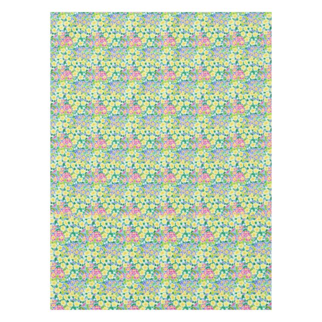 Pretty Pink, Blue, Yellow Primroses Tablecloth (Front)