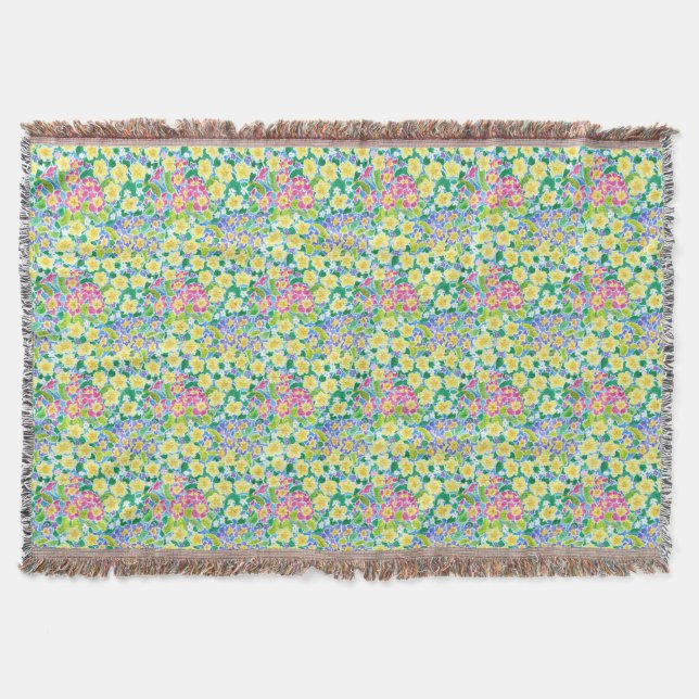 Pretty Pink, Blue, Yellow Primroses Throw Blanket (Front)