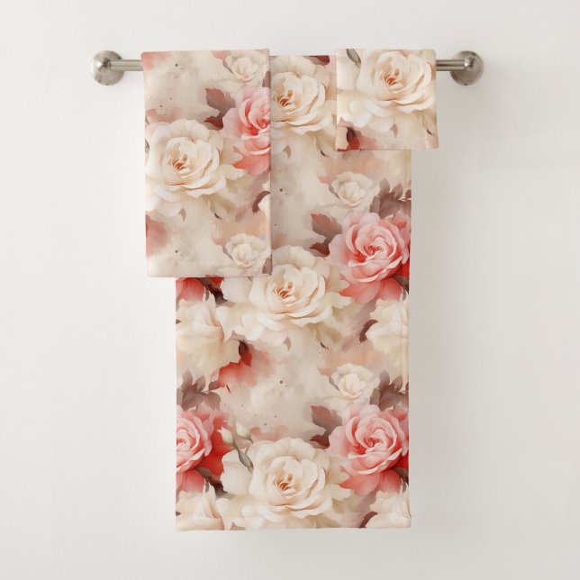 Pretty Pink Blush Cream Rose Floral Bath Towel Set (Insitu)