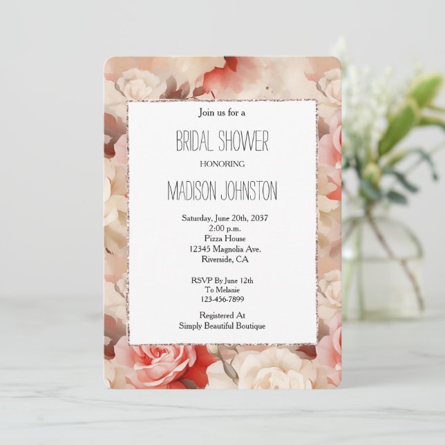 Pretty Pink Blush Cream Rose Floral Bridal Shower Invitation (Standing Front)