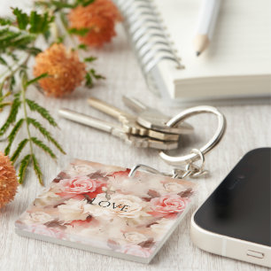 Pretty Pink Blush Cream Rose Floral Key Ring