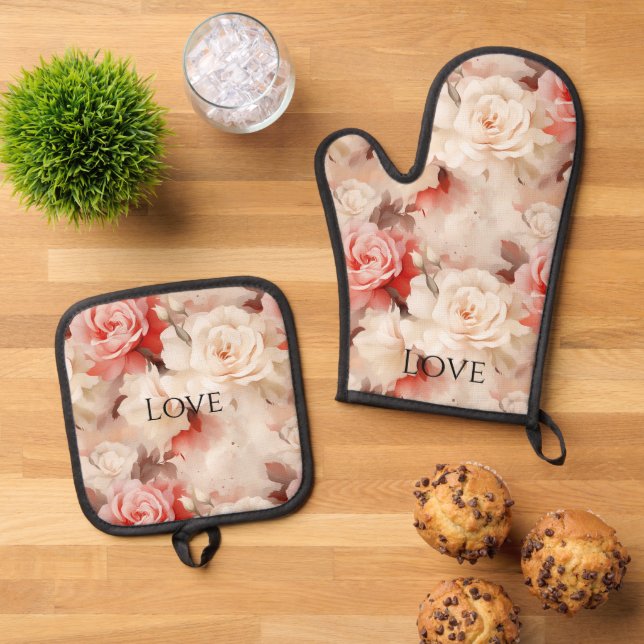 Pretty Pink Blush Cream Rose Floral Oven Mitt & Pot Holder Set (Top Down)