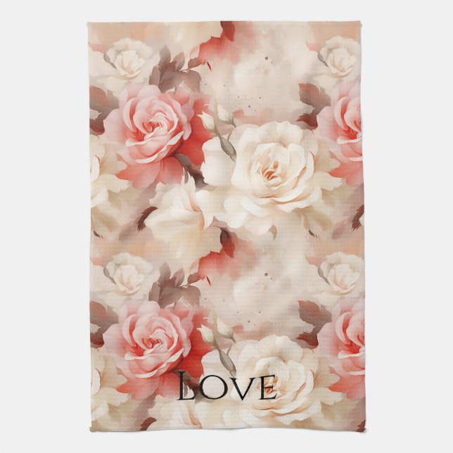 Pretty Pink Blush Cream Rose Floral Tea Towel (Vertical)