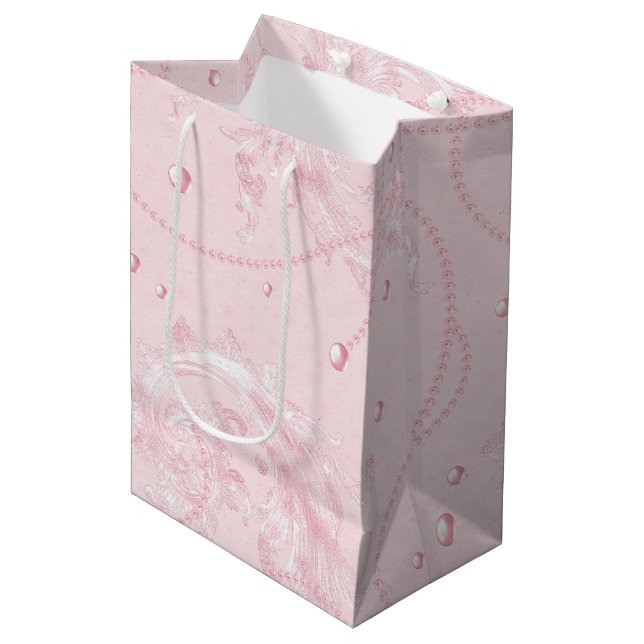 Pretty Pink Blush Elegant Pearls Bridal Shower Medium Gift Bag (Front Angled)