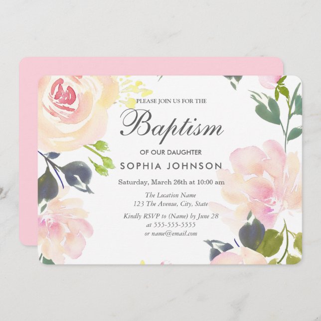 Pretty Pink Blush Flowers Baby Girl Baptism Invite (Front/Back)